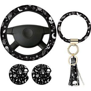 4 Pieces Black Moons White Stars Print Car Accessories Set Steering Wheel Cover